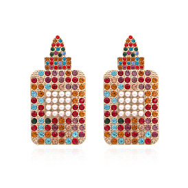 Exaggerated Personality Alloy Perfume Bottle with Pearl Earrings, Retro Geometric Colorful Diamond Studs, European and American French Style Ear Jewelry for Women.