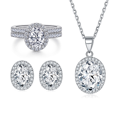 Zircon Ring Necklace Earrings Set - 925 Sterling Silver Jewelry Trio