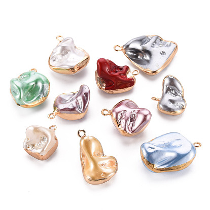 Electroplate Freshwater Shell Pendants, with Golden Iron Edge and Loops, Nuggets, Dyed