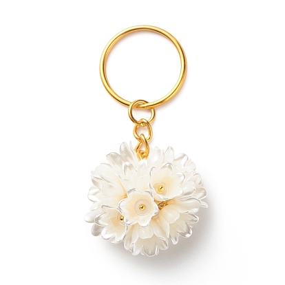 Flower Spray Paint ABS Plastic Imitation Pearl Pendant Keychain, with Iron Split Key Rings