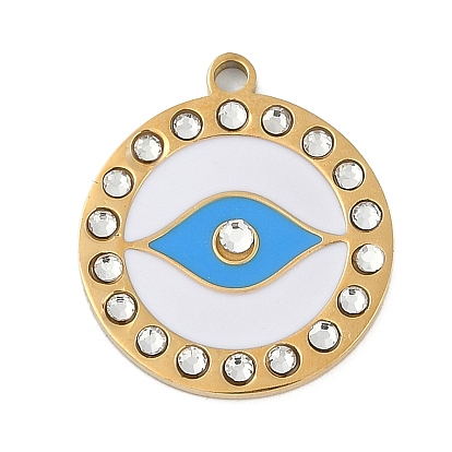 304 нержавеющей стальной эмали подвески, со стразами, плоский круглый с шармом в виде глаз, реальный 18 k позолоченный, ионное покрытие (ip)