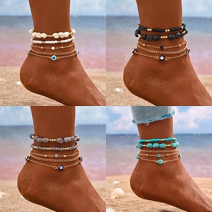 Сглаз из железных и стеклянных бусин 5 многослойные браслеты на лодыжку для женщин, золотые
