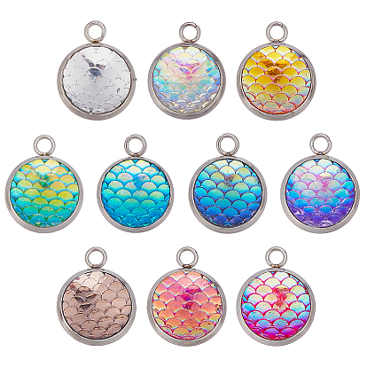 40 шт 10 цвета подвески из смолы, с 304 вывод из нержавеющей стали, плоский круглый с рыбой в русалочной форме