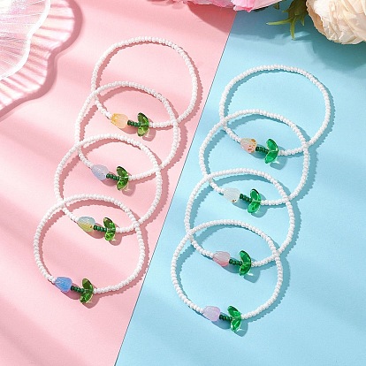 8шт. стеклянные эластичные браслеты, с акриловыми шариками, цветок