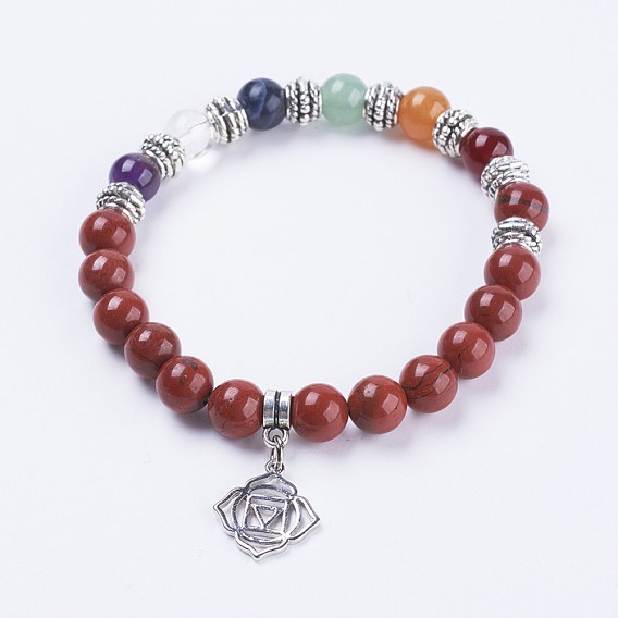 Натуральный красный яшма браслеты простирания, со смешанным камня, результаты сплава и латунные подвески, цветок