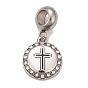 304 Stainless Steel Crystal Rhinestone European Dangle Charms, Large Hole Pendants, with Enamel, Stainless Steel Color, Flat Round with Cross