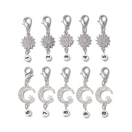 10Pcs 10 Style Moon Sun Alloy Rhinestone Pendant Locking Stitch Markers with Acrylic Number, Zinc Alloy Crochet Lobster Clasp Charms
