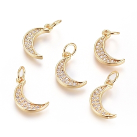 Brass Micro Pave Cubic Zirconia Pendants, with Jump Ring, Long-Lasting Plated, Moon, Real 18K Gold Plated