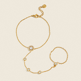 304 Stainless Steel Pave Flat Round Clear Cubic Zirconia Hand Chain Ring Bracelets for Women