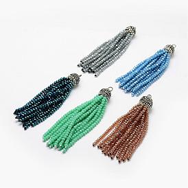 Electroplate Glass Bead Tassel Big Pendants, with Brass Rhinestone Findings