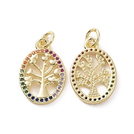 Brass Micro Pave Cubic Zirconia Pendants, with Jump Ring, Hollow Oval with Tree Charm