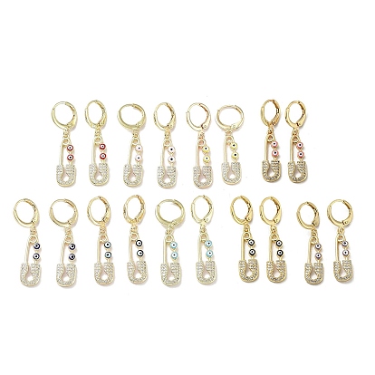Golden Brass Dangle Leverback Earrings, with Enamel and Cubic Zirconia, Safety Pin with Evil Eye