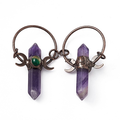 Natural Amethyst Double Terminal Pointed Big Pendants, Faceted Hexagonal Bullet Charms, with Rack Plating Red Copper Tone Brass Findings, Cadmium Free & Lead Free
