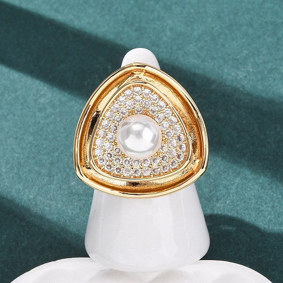 Регулируемые латунные кольца-манжеты с микропаве из прозрачных кубических цирконий и жемчугом из АБС-пластика., треугольные, белые