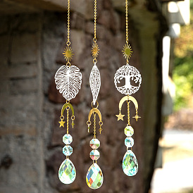 Metal Leaf/Tree of Life Hanging Ornaments, Glass Teardrop Tassel Suncatchers for Garden & Home Decoration