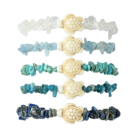 5Pcs 5 Styles Natural Quartz Crystal & Lapis Lazuli & Apatite & Aquamarine & Synthetic Turquoise Chip Beaded Stretch Bracelet Sets, Summer Beach Turtle Stackable Bracelets for Women