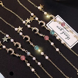Bracelet à breloques en alliage lune et étoile avec chaînes de perles rondes pour femme
