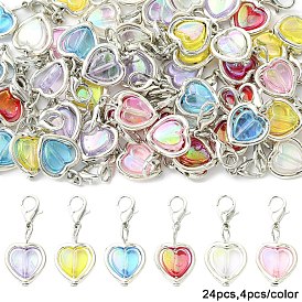 24 piezas 6 colores acrílicos y adornos colgantes de aleación, con broches de langosta de la aleación de la garra, corazón, Platino