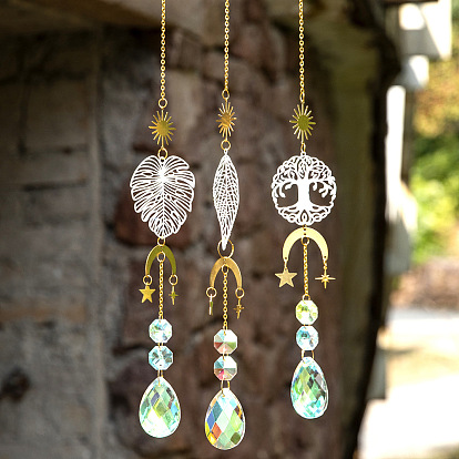 Metal Leaf/Tree of Life Hanging Ornaments, Glass Teardrop Tassel Suncatchers for Garden & Home Decoration