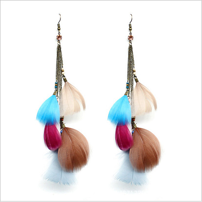 Boho Feather Tassel Earrings for Women, Ethnic Style Long Leaf Dangle Ear Jewelry