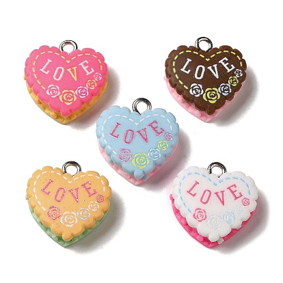 Opaque Resin Pendants, Heart Charms with Love, with Platinum Plated Iron Loops