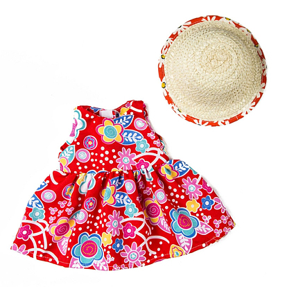 Flower Pattern Cloth Doll Dress & Straw Hat, Doll Clothes Outfits, Fit for American 18 inch Girl Dolls
