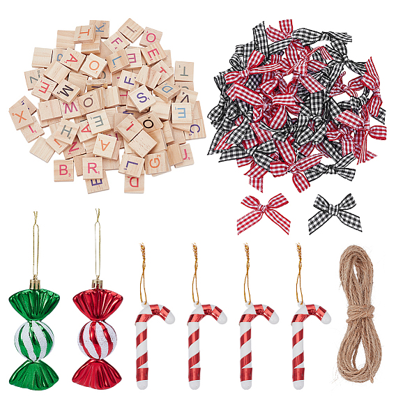 Наборы рождественских украшений, включает бант из полиэфирной ленты, деревянные фишки с английскими буквами, джутовый шнур, шоколадная конфета