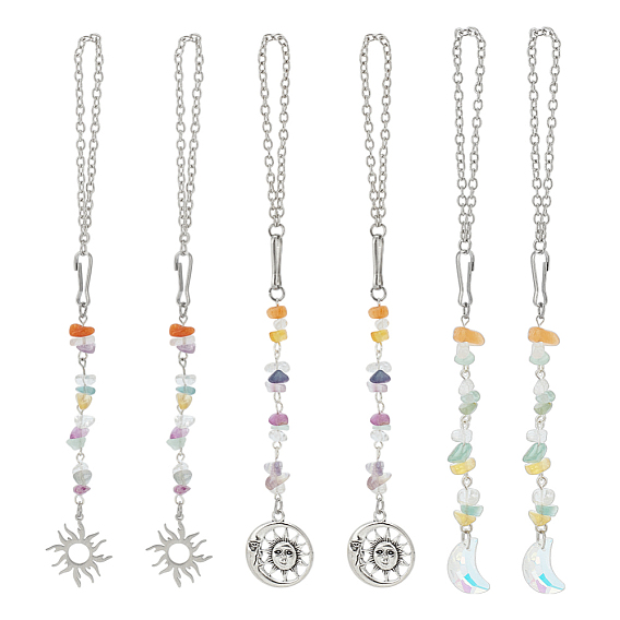 Украшение подвески из стекла и сплава, подвесное украшение для автомобиля в виде луны и солнца, с натуральным красным авантюрином и кварцевым кристаллом и флюоритовыми бусинами