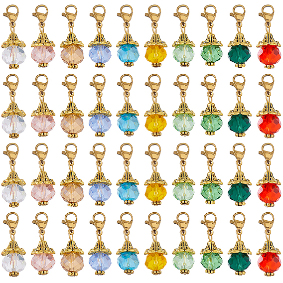 40Pcs 10 Colors Round Glass Pendants Decorations, with 304 Stainless Steel Lobster Claw Clasps
