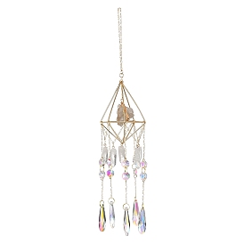 Quartz Crystal Tassels Pendant Decorations, with Glass Beads and Iron Macrame Pouch Cage, Rhombus