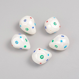 Paint Sprayed Shell Pearl Beads, with Enamel, Polished, Teardrop with Evil Eye