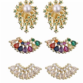 Colorful Fan-shaped Earrings with Micro Pave Zirconia and Pearl Studs