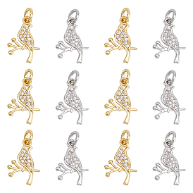 12 шт. 2 цвета латунь микропаве прозрачные подвески из кубического циркония, с прыжковых колец, птица с подвеской в виде ветки