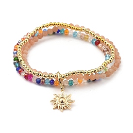 Stretch Bracelets, with Natural Sunstone Beads, Glass Beads, Brass Beads & Sun Pendant, Golden