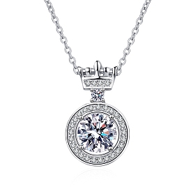 Rhodium Plated 925 Sterling Silver Micro Pave Clear Cubic Zirconia Cable Chain Necklaces, Crystal Moissanite Rhinestone Flat Round with Crown Pendant Necklaces