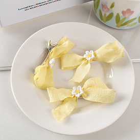 Cute Hair Clips for Girls with Yellow Fabric Butterfly Bow and Flower Duckbill Clip