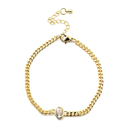 Cubic Zirconia Oval Link Bracelet with Curb Chains, Gold Plated Brass Jewelry for Women, Lead Free & Cadmium Free