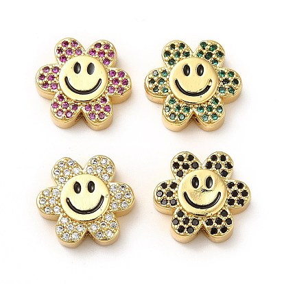 Rack Plating Brass Cubic Zirconia Beads, with Enamel, Real 18K Gold Plated, Long-Lasting Plated, Cadmium Free & Lead Free, Flower with Smiling Face