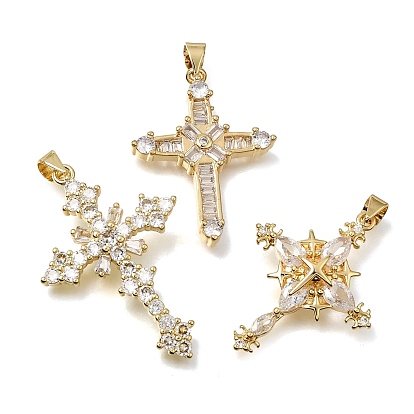 Brass Micro Pave Clear Cubic Zirconia Pendants, Cross Charms, Lead Free & Cadmium Free, Long-Lasting Plated, Rack Plating
