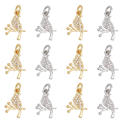 12 шт. 2 цвета латунь микропаве прозрачные подвески из кубического циркония, с прыжковых колец, птица с подвеской в виде ветки