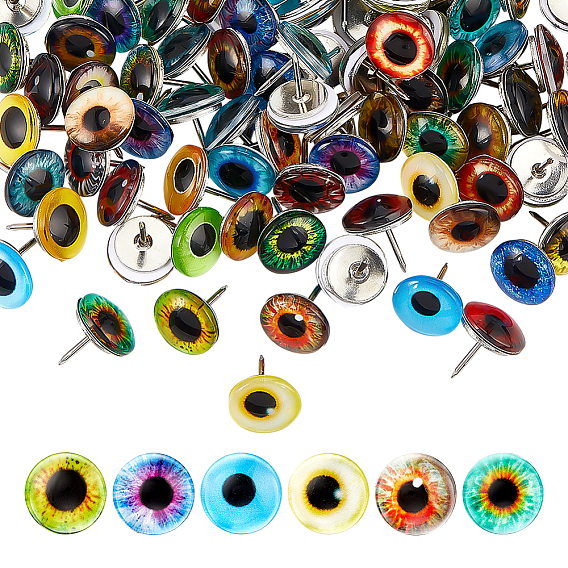 100Pcs Glass Drawing Pins, with Iron Findings, Platinum, Half Round