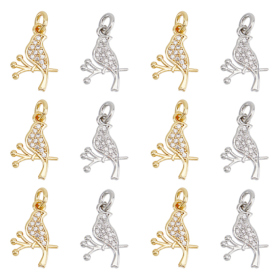 12 шт. 2 цвета латунь микропаве прозрачные подвески из кубического циркония, с прыжковых колец, птица с подвеской в виде ветки
