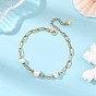 304 Stainless Steel Textured Paperclip Chain Bracelets for Women, with Potato Natural Pearl Beads, White