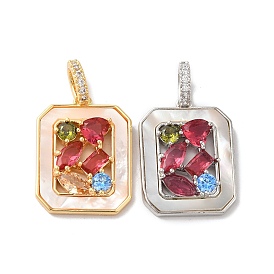 Brass Micro Pave Cubic Zirconia Pendants, with Colorful Rhinestone, Rectangle Charms
