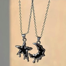 Alloy Enamel Black Melting Moon Star Pendant Necklaces, Platinum