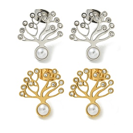 304 Stainless Steel & Rhinestone & ABS Plastic Pearl Stud Earrings, Polished, Tree of Life