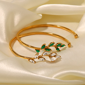 Fashionable Titanium Steel Bracelet with 18K Gold Plated Green Zircon Leaf Open Bangle for Women's Jewelry
