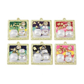 Rack Plating Alloy Enamel Pendants, with Resin, ABS Imitation Pearl Beads, Rhinestone and Glass Beads, Cadmium Free & Nickel Free & Lead Free, Square