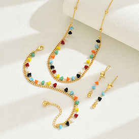 Summer Brass Plastic Beads Double Layer Jewelry Set, Bracelets & Earrings & Necklaces Set for Women