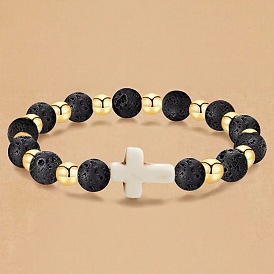 8MM Round Gemstone and Alloy Beaded Stretch Bracelets with Synthetic Turquoise Religion Cross Beads, Golden